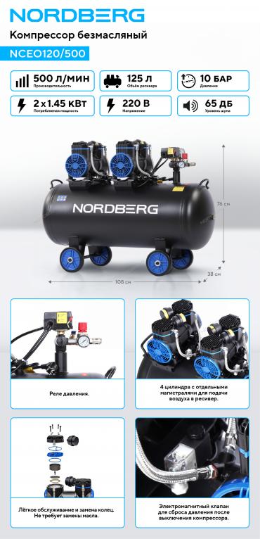 Компрессор безмасляный 220 В, ресивер 125 л, 500 л/мин Артикул: NCEO120/500
